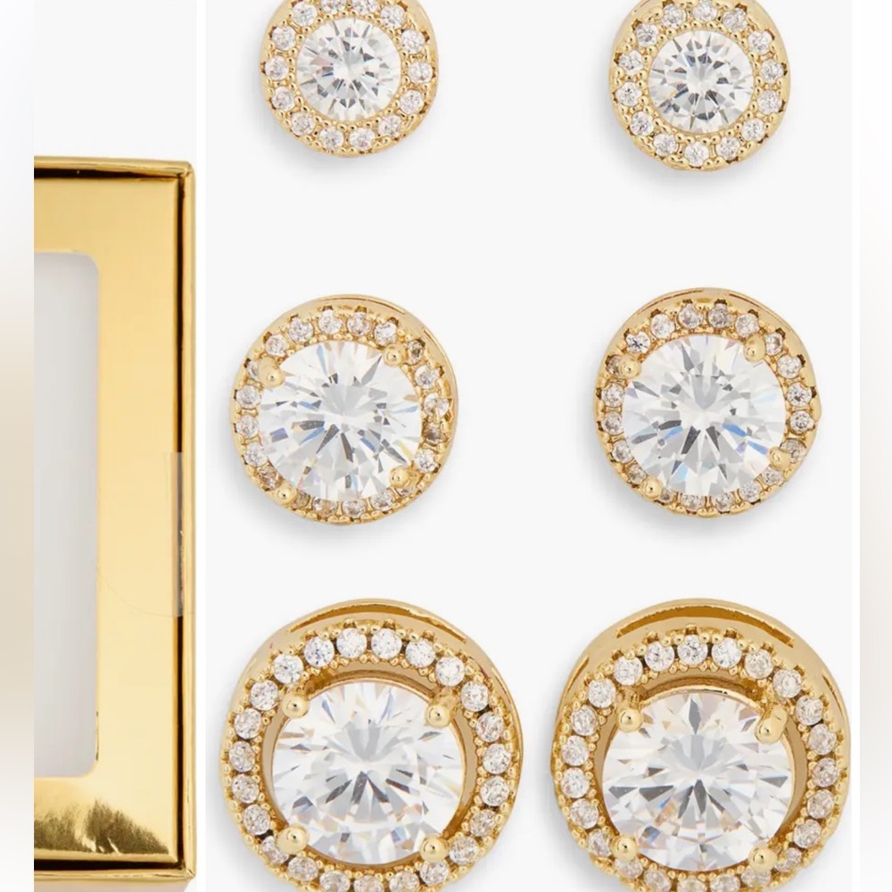 Cubic Zirconia Earring Set of 3 in Gold Box Brunch Lunch Night Out Nickel Free - Picture 3 of 3